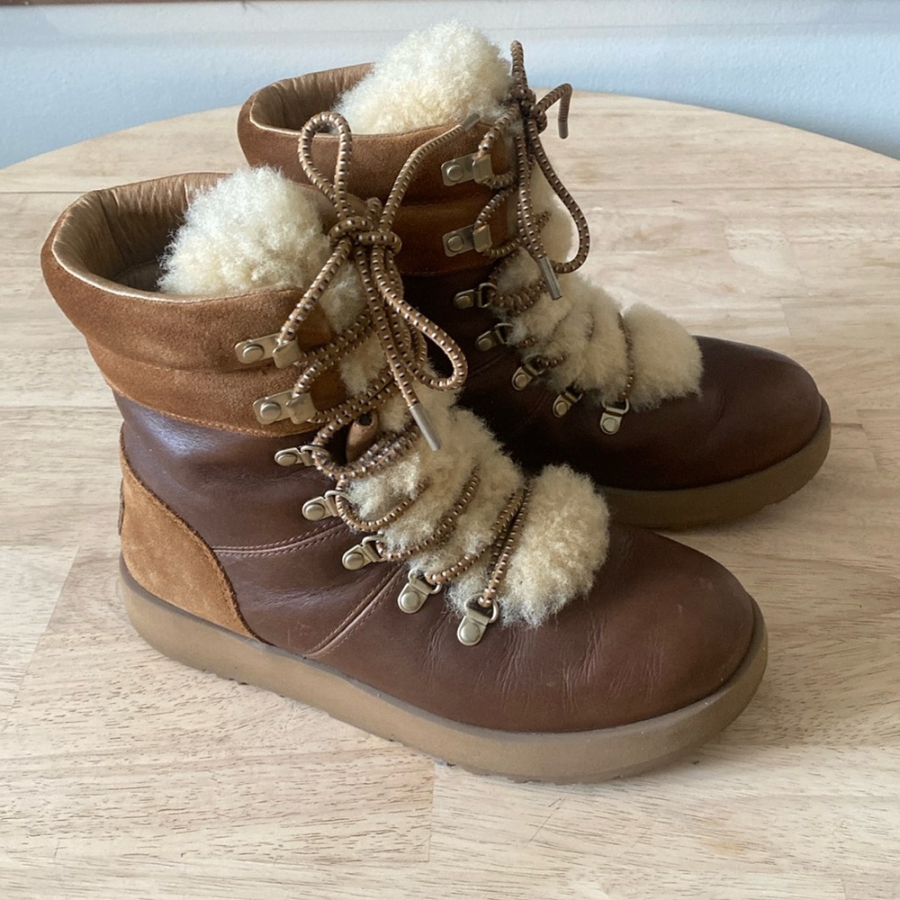 UGG Viki lace up shearling and waterproofed brown leather boots